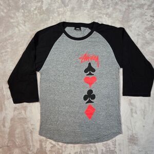 Stussy Full Deck Raglan Shirt Mens XL Gray Black 3/4 Sleeve Cotton NWOT